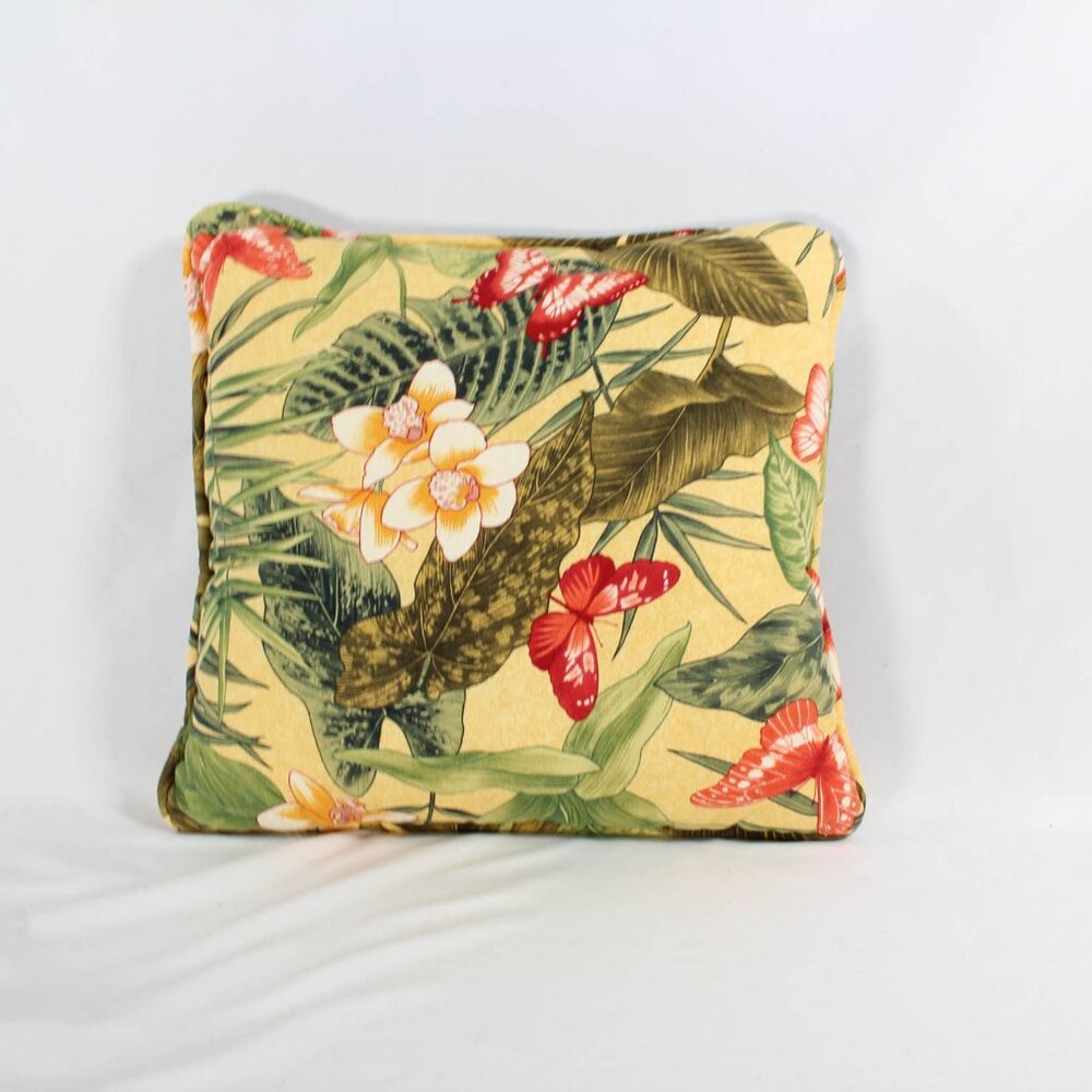 Vintage 1990s Tropical Vacation Toss Pillow with Butterflies Yellow Gree…